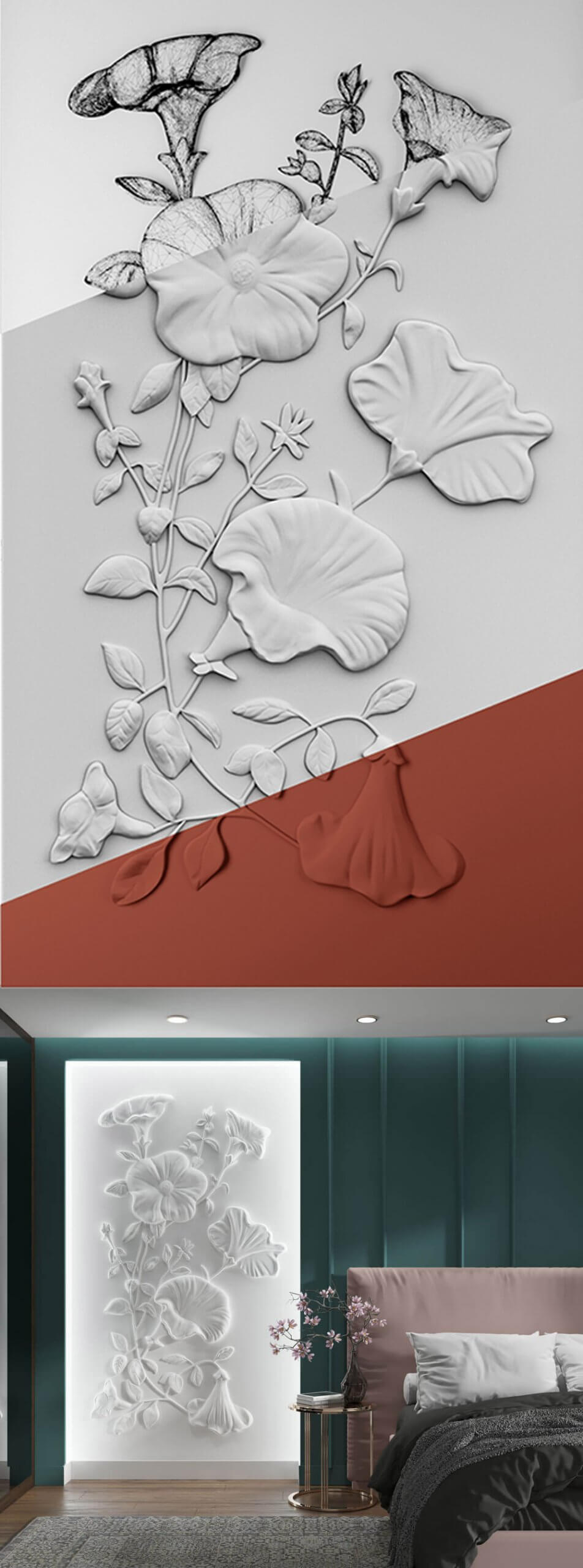 Decor line bloomy花朵图案浅浮雕装饰墙背景墙3D模型（OBJ,FBX,MAX）