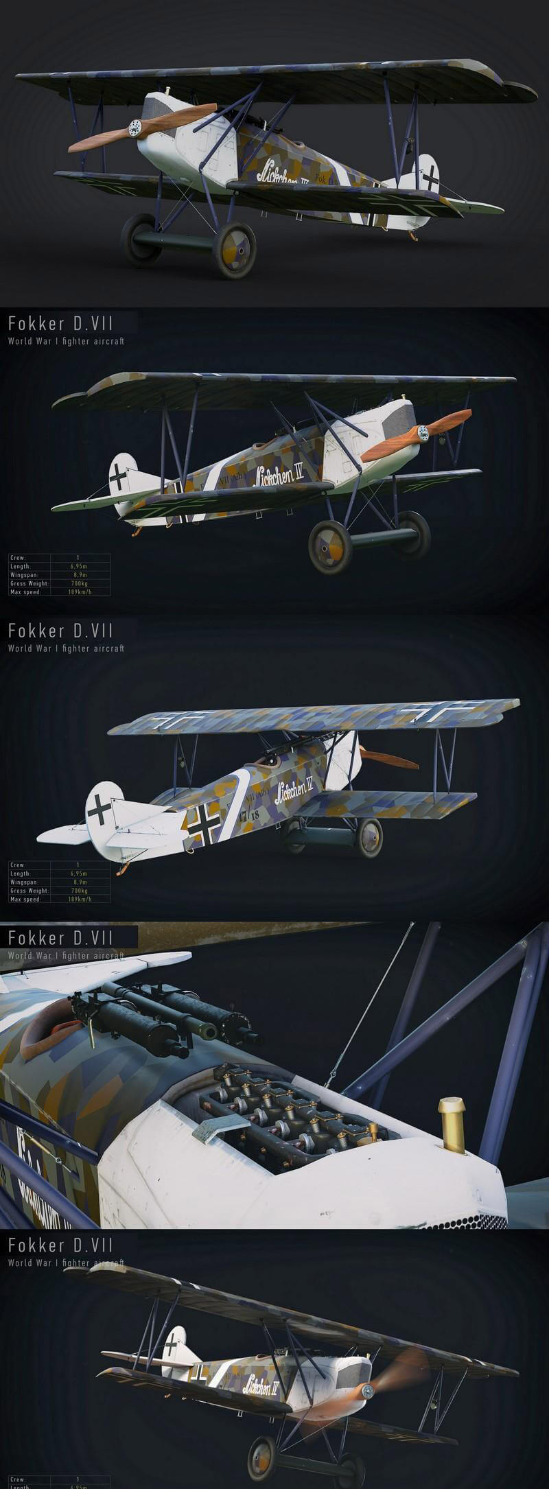 Fokker DVII双翼机3D模型（OBJ,FBX,MAX）