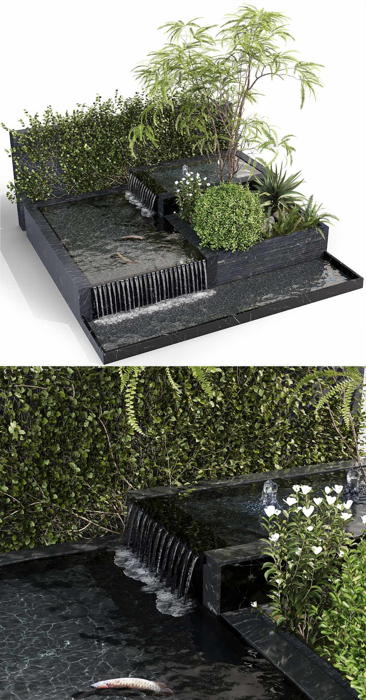 包含绿植和鱼的水池景观 花园景观3D模型（MAX）