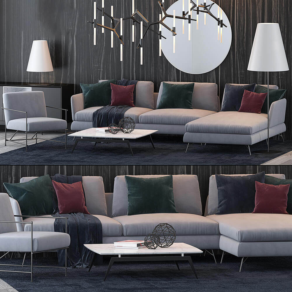 浅灰色沙发和撞色抱枕3D模型（OBJ,FBX,MAX）