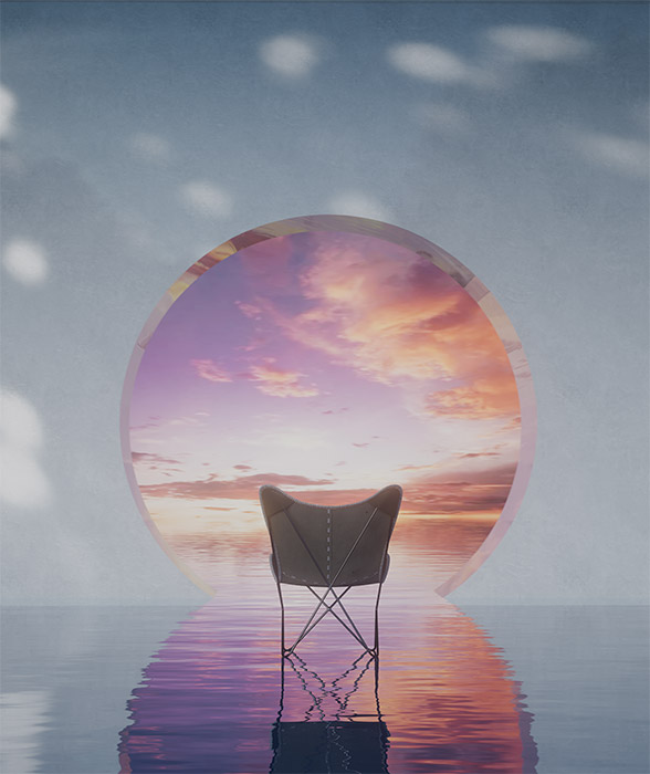 夕阳椅子水面场景3D渲染（C4D）
