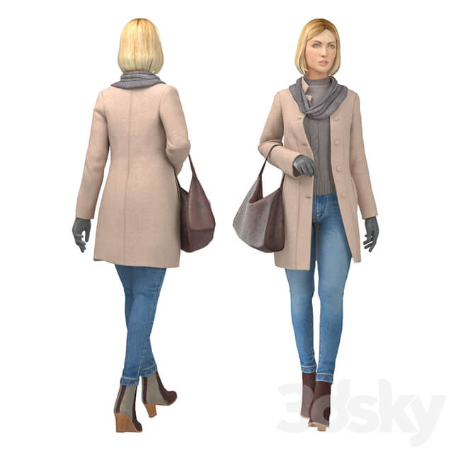 穿大衣和牛仔裤的女孩3D模型（OBJ,MAX）