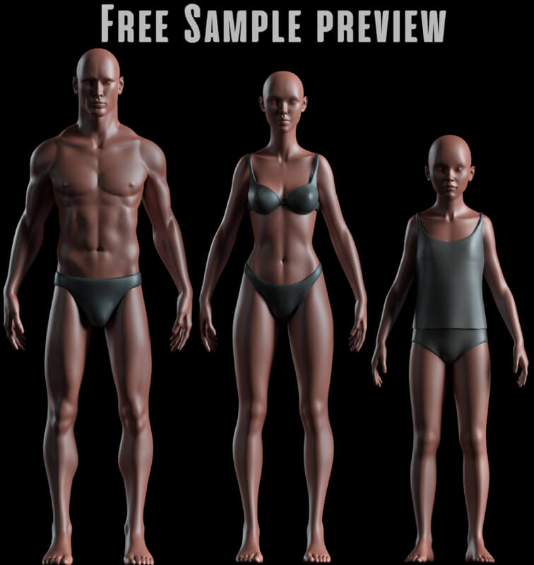 标准的人物男、女+小孩3D模型基础人体模特下载（OBJ，C4D可用）