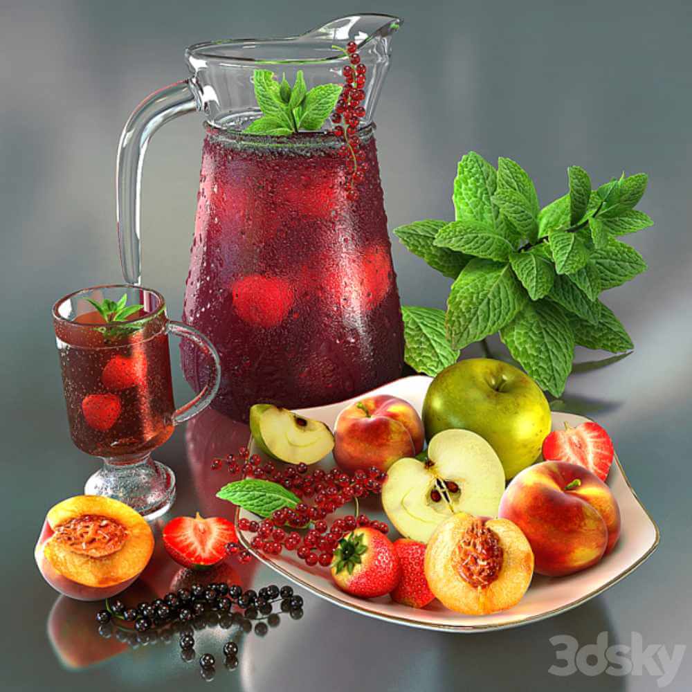 桃子 草莓等水果和果汁组合3D模型（OBJ,MAX）