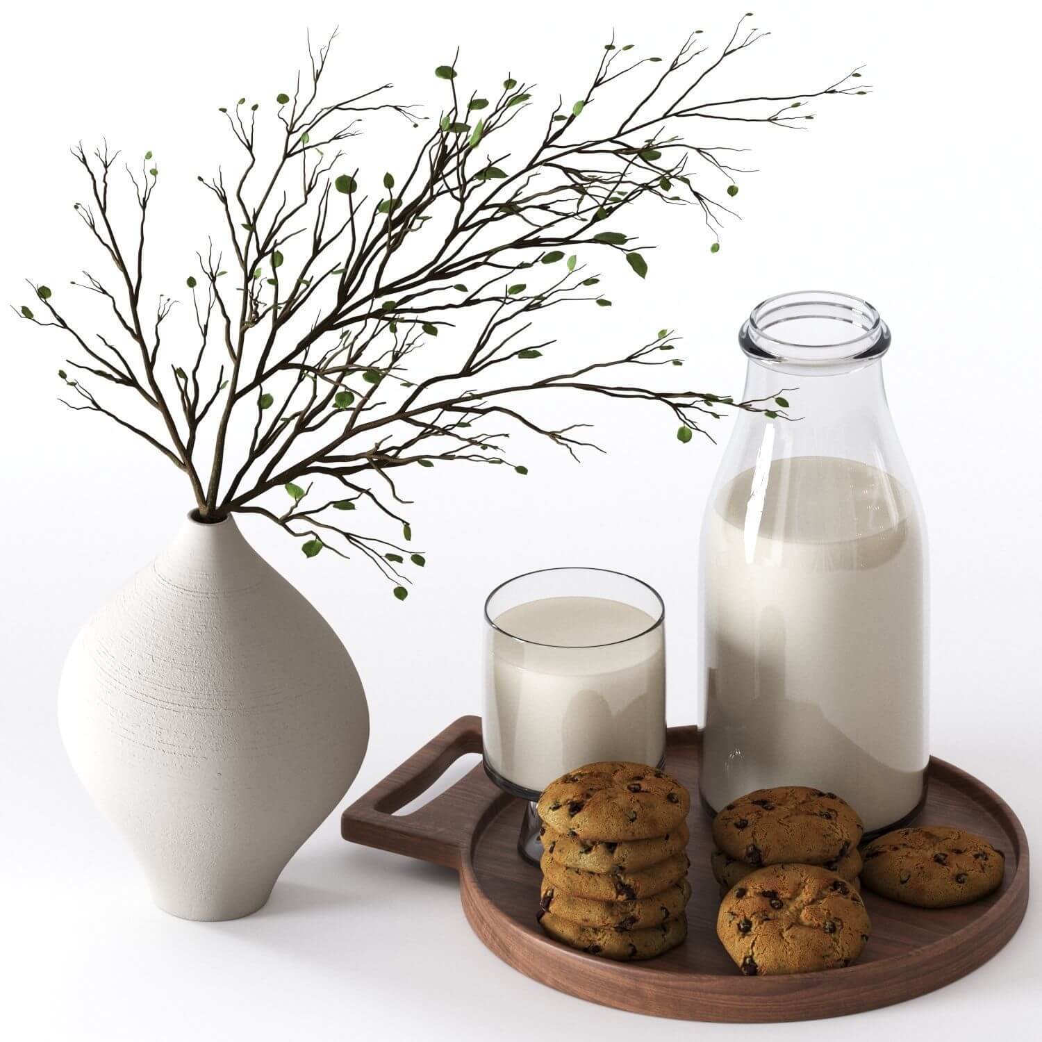 托盘中的牛奶 饼干等食物和花瓶花枝装饰组合3D模型（OBJ,MAX）